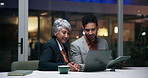 Meeting, night and business people on laptop for finance review, planning and proposal deadline. Corporate office, working late and woman with man on tech for research, budget and financial report