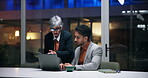 Business people, tablet and planning with laptop at night for finance report, update and feedback. Office, financial analyst and manager with help for budget proposal, investment pitch and deadline