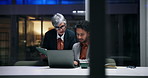 Business people, tablet and planning with laptop in office for finance report, research and feedback. Night, financial analyst and manager with help for budget proposal, investment pitch and deadline