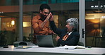 Night, laptop and business people in workplace, high five and financial agency with achievement. Evening, partnership and employees with pc, success and email with profit increase and investment deal