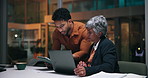 Business people, tablet and teamwork with laptop at night for budget review, finance or forecasting. Office, financial analyst and tech for data comparison, growth projection and company performance