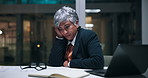 Mature, frustrated woman and night with documents, stress or pressure for court case or deadline. Female person, lawyer or attorney working late with paperwork, anxiety or strain for failed testament