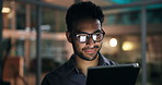 Night, business and man with tablet, glasses and internet with investment deal, email and digital app. Evening, person or employee in office, tech and financial agency with reflection or stock market