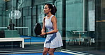 Fitness, performance and woman with racket, court and training for padel tournament, sport and game. Active, team and people with equipment for match, athlete and routine for competition or practice