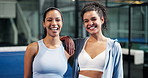 Face, friends and women with smile, court or pride for tennis competition, hug or wellness for sport. Fitness, team and  embrace on break, athlete and confident for game, together or health in USA
