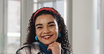 Face, creative and happy business woman in office as magazine editor with ambition. Portrait, smile and professional worker with confidence, pride and publication intern laughing in startup in Spain