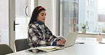 Business, woman and typing on laptop in office for research, editing article and review feedback. Female journalist, pc and email for headline, proofreading story and news information for publication
