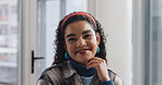 Face, smile and creative business woman in office as magazine editor with ambition. Portrait, happy and professional worker with confidence, pride and publication intern laughing in startup in Brazil