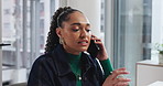 Business, phone call and woman in office, conversation and chatting with online interview for news report. Person, discussion and journalist in workplace, smartphone and communication with feedback