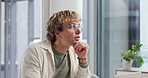 Thinking, creative and business man in office for web design ideas, solution and planning project. Startup, digital agency and person brainstorming for graphic designer, research and website ui