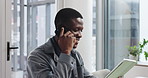 Business, phone call and black man in workplace, tablet and email with online chatting, app and feedback. African person, discussion or journalist in office, smartphone and communication with contact