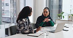 Conversation, business and women in meeting, planning and feedback for news report, advice and help. Discussion, employees and journalist in office, review and research for article and cooperation