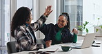 High five, teamwork and business women with laptop, creative agency and funding with job success. Celebration, cooperation and people with pc, opportunity and approval for design project or smile