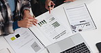 Hands, team and review documents at startup with web traffic stats, graphs or social media insight. People, paperwork and partner with info, charts and feedback and point for growth target at office