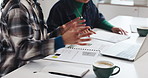Hands, business people and review documents with laptop, graphs and insight with financial results. Person, paperwork and computer with partner, feedback and point with revenue charts at company