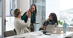 High five, teamwork and business people with smile, creative agency and opportunity with job success. Celebration, cooperation and group with laptop, support or approval for design project or funding