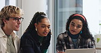 Laptop, creative and business people talk in meeting with idea, copywriting or training. Computer, happy group and discussion for coaching, help and feedback with content writing project in office