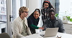 Collaboration, laptop and pointing with business people in office together for feedback or review. Computer, development and training with employee group at desk in workplace for planning or strategy