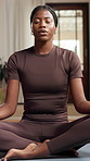 Meditation, black woman and breathing with pilates in home for health, wellness and aura in living room. Yoga, holistic and peace of female person in lounge with spiritual practice for zen or chakra