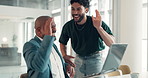 Men, high five and celebration with trading at office, success and applause with profit at startup. Business people, team and mentor with goals, revenue or excited for investment results at agency