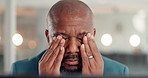 Mature black man, eye strain and stress at office with break, computer and tired with burnout at company. African person, investor and pain with vertigo, fatigue and exhausted at finance agency