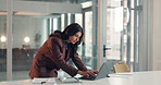 Business, laptop and woman in office, tablet and financial agency with email, economy website or app. Person, risk management and employee in workplace, tech and research for trading and stock market