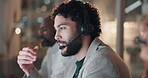Man, headset and talk at office, call center and consulting career for advisory service at legal aid company. Person, agent and microphone with discussion, problem solving and help desk at law firm