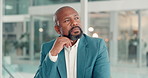 Thinking, business and mature black man in office for investment strategy, solution and planning. Corporate, finance manager and person on laptop for research, budget and insight for financial review
