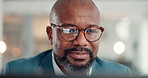 Business, glasses and black man in office, reflection and investment with profit increase. Person, accounting and employee with eyewear, online reading or clear vision with feedback for budget report