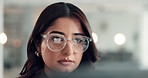 Business, glasses and woman in workplace, reflection and investment with budget report. Person, employee and consultant with eyewear, internet and clear vision with feedback and online reading