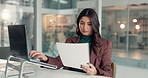 Business, documents and woman in office, laptop and typing with internet, audit and budget report. Person, financial agency and consultant in workplace, pc and accounting with inspection for profit