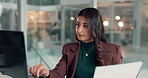 Business, paperwork and woman in office, laptop and typing with internet, tax audit and budget report. Documents, financial agency or person with pc, accounting and deadline for investment or email