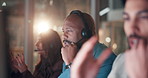 Business, man and night with headset at call centre for help, client inquiry and customer service. Person, coworking and pc for feedback solution, telecom advice and information of procedure deadline