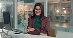 Face, office and happy business woman with career opportunity as investment banker at night. Smile, employee and portrait of confident worker with financial professional, laugh or bokeh on overtime