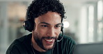 Businessman, consultant or discussion with headset in call center for customer service in office. Happy man, agent and talking with smile or mic for virtual assistance, online advice or communication