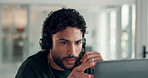 Businessman, consultant and talking with headset in call center for customer service or advice. Man, agent or discussion with mic for virtual assistance, telecommunication or online help in workplace