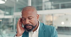 Mature black man, headache and stress at office with pain, temple massage and burnout with at company. African person, investor and migraine with vertigo, fatigue and exhausted at finance agency