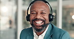 Black man, face and consultant with headset in call center for customer service or advice. Portrait, businessman or agent with smile or mic for virtual assistance or telecommunication in workplace