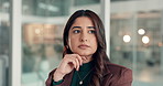 Thinking, corporate and business woman in office for investment strategy, solution and planning. Professional, finance and person for problem solving, budget review and insight for financial decision