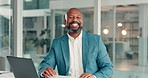 Smile, laptop and face of black man in office with confidence for finance career growth. Computer, happy and portrait of African financial manager with pride for job development in workplace.