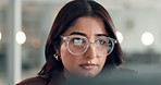 Business, glasses and woman with reflection, online reading and investment with profit increase. Person, employee and consultant in workplace, eyewear and clear vision with feedback for budget report