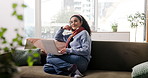 Face, smile and woman with laptop at house for remote work, editing article and story research. Portrait, journalist and relax with pc of creative writing, editor feedback and publication information