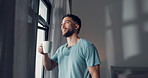 Morning, window and man drinking coffee to wake up, start day and open curtain in home bedroom. House, happy person and tea beverage for thinking, reflection and view from apartment to relax