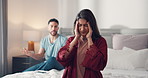 Frustrated couple, conflict and stress with fight in bed for disagreement or argument in home. Upset, woman and man shouting with dispute, breakup or regret for cheating affair or guilt in bedroom
