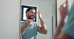 Happy man, mirror or skincare in bathroom with results or face reflection for grooming in morning. Check, cleaning or male person in home with smile, hygiene or beauty in house for facial inspection