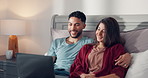 Laptop, relax and couple on bed for watching movies, streaming subscription and videos. Marriage, home and happy man with woman on computer with series for bonding, relationship and hug on weekend