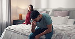 Frustrated couple, headache and bed with fight for disagreement, argument or toxic relationship. Upset, woman and man with stress, cheating affair or guilt for regret, dispute or conflict in bedroom 