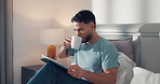 Tablet, coffee and man in bed for online connection, social networking and internet in home. Relax, morning and person on digital tech with drink for videos, website and notification in bedroom