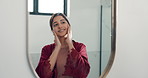Woman, mirror or skincare in bathroom with results or face reflection for grooming in morning. Check, cleaning or female person in home with smile, hygiene or beauty in house for facial inspection