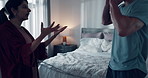Frustrated couple, shouting or argument with disagreement in bedroom for fight or conflict. Angry, man and woman yelling in toxic relationship or breakup for cheating affair, dispute or divorce